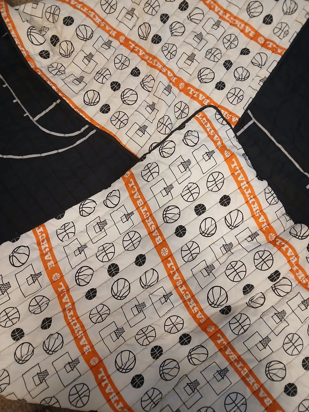 Reversible Black, White and Orange Basketball Comforter With Pillow Shams